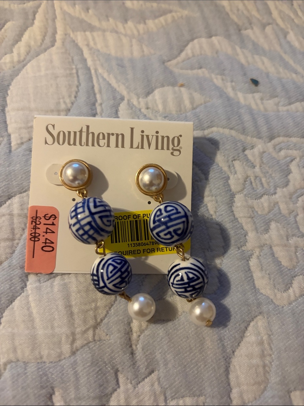 Southern Living Blue and White Porcelain Drop Earrings with Pearl Accents
